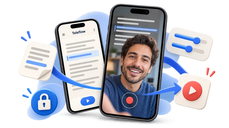 Teleflow script editor and teleprompter playback shown across mobile devices.